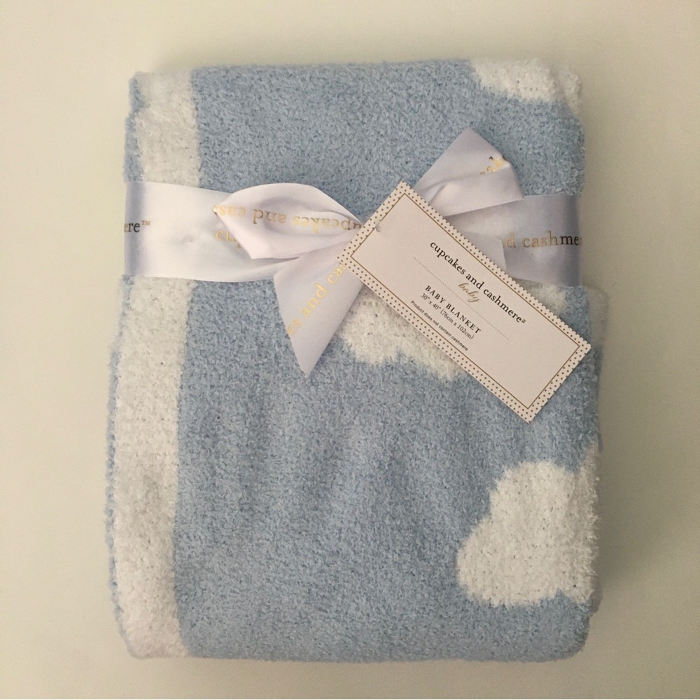 NEW Baby Blanket Blue Cozy Soft Plush White Clouds Theme | Cupcakes & Cashmere